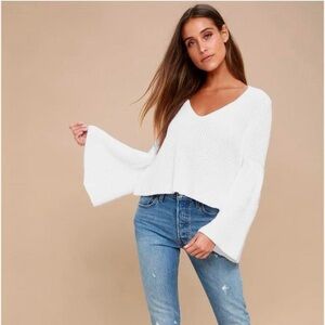 Free People White V-Neck Bell Sleeve Knit Sweater